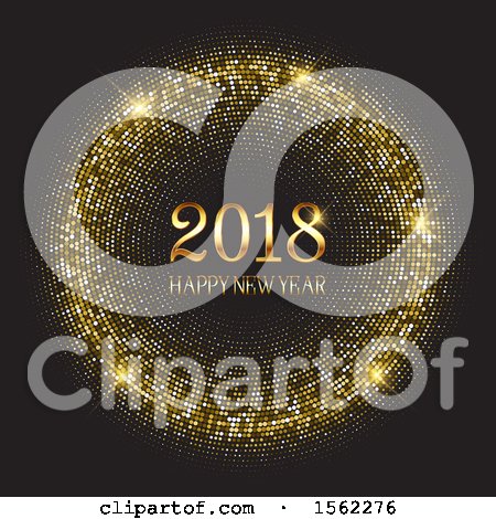 Clipart of a Happy New Year 2018 Design with a Gold Glitter on Black - Royalty Free Vector Illustration by KJ Pargeter