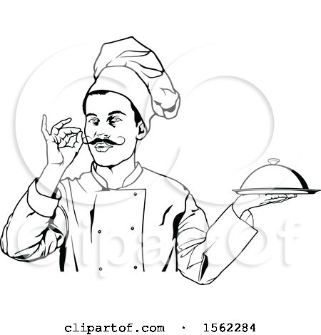 Clipart of a Black and White Male Chef Gesturing Perfect and Holding a Cloche - Royalty Free Vector Illustration by dero