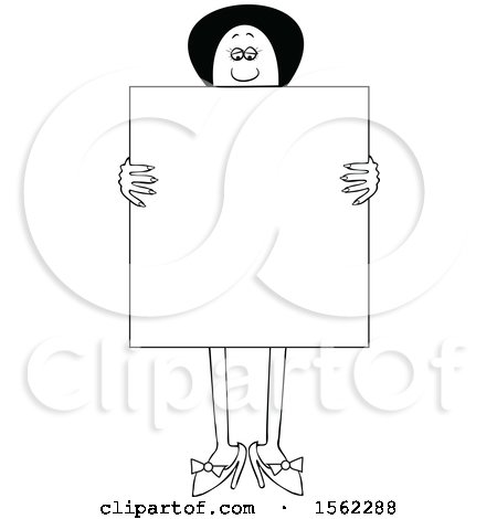 Clipart of a Lineart Black Woman Holding a Blank Sign in Front of Her Body - Royalty Free Vector Illustration by djart