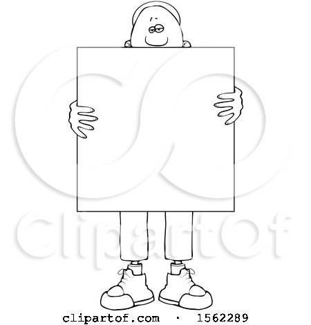 Clipart of a Lineart Black Man Holding a Blank Sign in Front of His Body - Royalty Free Vector Illustration by djart