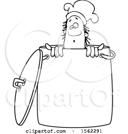 Clipart of a Lineart Black Male Chef Peeking out from Inside a Stock Pot - Royalty Free Vector Illustration by djart