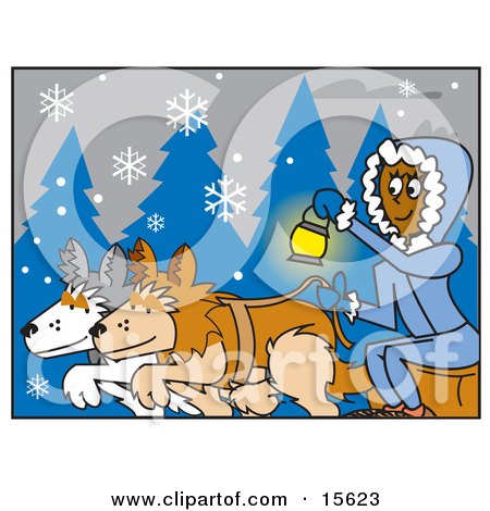 Woman Holding A Lantern While Riding A Sled Pulled By Dogs On A Snowy Winter Night Clipart Illustration by Andy Nortnik