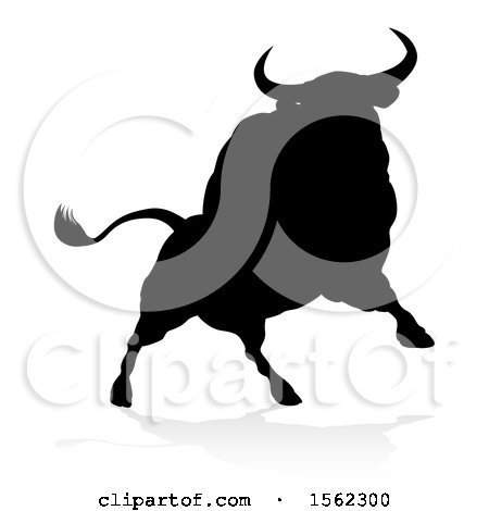 Clipart of a Silhouetted Black Bull, with a Shadow on a White Background - Royalty Free Vector Illustration by AtStockIllustration