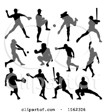 Clipart of a Black Silhouetted Baseball Player - Royalty Free Vector Illustration by AtStockIllustration