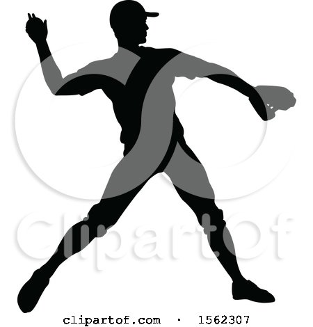 Clipart of a Black Silhouetted Baseball Player Pitching - Royalty Free Vector Illustration by AtStockIllustration