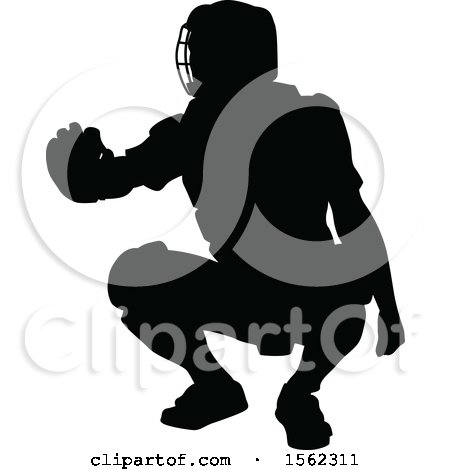 Clipart of a Black Silhouetted Baseball Player Catcher - Royalty Free Vector Illustration by AtStockIllustration