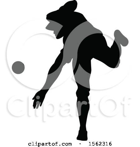 Clipart of a Black Silhouetted Baseball Player Pitching - Royalty Free Vector Illustration by AtStockIllustration