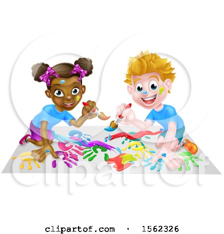 Clipart of a Black Girl and White Boy Painting - Royalty Free Vector Illustration by AtStockIllustration