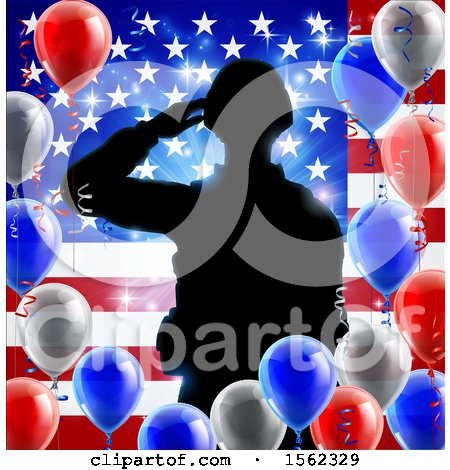 Clipart of a Silhouetted Male Military Veteran Saluting over an American Flag and Balloons - Royalty Free Vector Illustration by AtStockIllustration