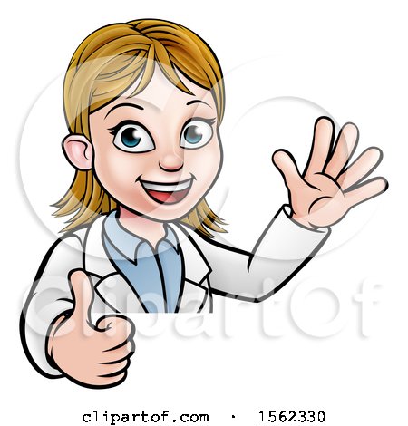 Clipart of a Cartoon Friendly White Female Scientist Giving a Thumb up over a Sign - Royalty Free Vector Illustration by AtStockIllustration