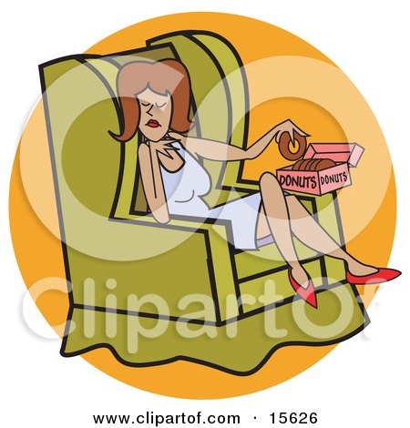 Woman Sitting Cross Legged In A Green Chair While Indulging In A Box Of Donuts After A Stressful Day Clipart Illustration by Andy Nortnik