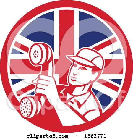 Clipart of a Retro Telephone Repair Man Holding out a Receiver in a Union Jack Flag Circle - Royalty Free Vector Illustration by patrimonio