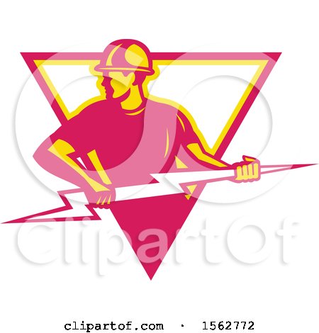 Clipart of a Retro Male Electrician Pulling a Lightning Bolt in a White Yellow and Pink Triangle - Royalty Free Vector Illustration by patrimonio