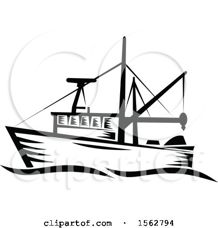 Clipart of a Retro Black and White Fishing Boat with Waves - Royalty Free Vector Illustration by patrimonio