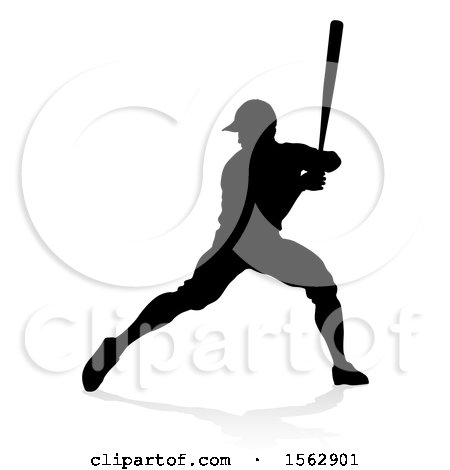 Clipart of a Black Silhouetted Baseball Player Batting, with a Reflection on a White Background - Royalty Free Vector Illustration by AtStockIllustration