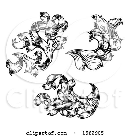 Clipart of Black and White Ornate Vintage Floral Design Elements - Royalty Free Vector Illustration by AtStockIllustration