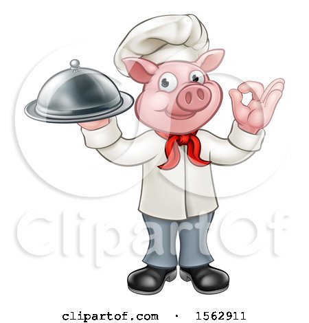 Clipart of a Chef Pig Holding a Cloche and Gesturing Perfect - Royalty Free Vector Illustration by AtStockIllustration