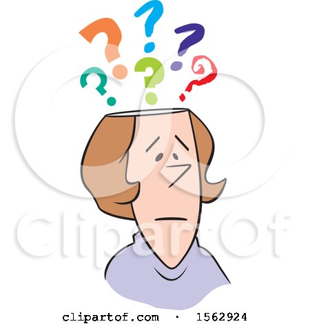 Clipart of a Cartoon White Woman with Questions - Royalty Free Vector Illustration by Johnny Sajem