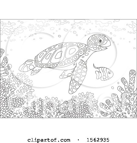Clipart of a Lineart Sea Turtle and Fish over a Reef - Royalty Free Vector Illustration by Alex Bannykh