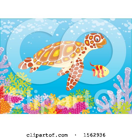 Clipart of a Cute Sea Turtle and Fish over a Reef - Royalty Free Vector Illustration by Alex Bannykh