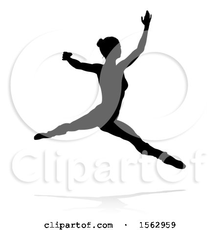 Clipart of a Silhouetted Ballerina Dancing with a Reflection or Shadow, on a White Background - Royalty Free Vector Illustration by AtStockIllustration