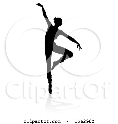 Clipart of a Silhouetted Ballerina Dancing with a Reflection or Shadow, on a White Background - Royalty Free Vector Illustration by AtStockIllustration