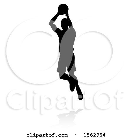 Clipart of a Silhouetted Basketball Player with a Reflection or Shadow, on a White Background - Royalty Free Vector Illustration by AtStockIllustration
