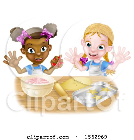Clipart of Cartoon Happy White and Black Girls Making Pink Frosting and Star Shaped Cookies - Royalty Free Vector Illustration by AtStockIllustration