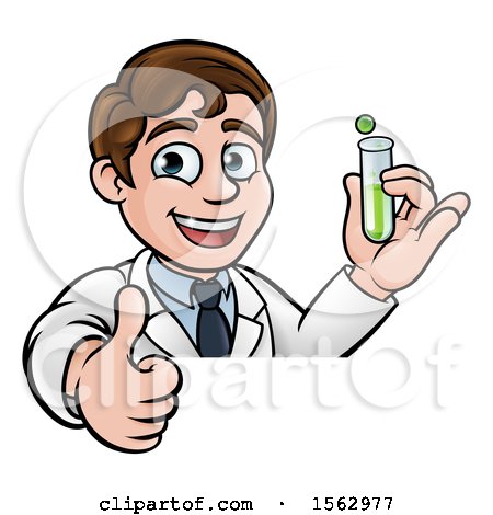 Clipart of a Happy White Male Scientist Giving a Thumb up and Holding a Test Tube over a Sign - Royalty Free Vector Illustration by AtStockIllustration