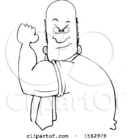 Clipart of a Lineart Strong Black Man Flexing His Big Arm Muscles and Flashing a Tough Face - Royalty Free Vector Illustration by djart