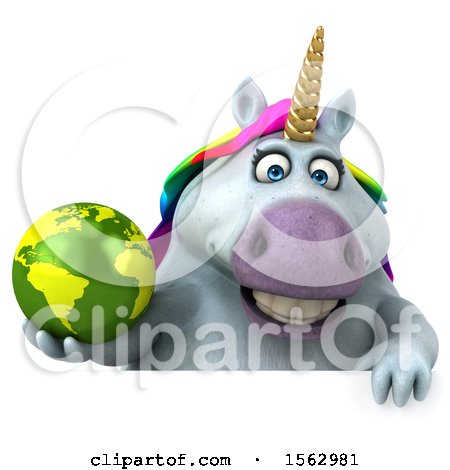Clipart of a 3d Chubby Unicorn Holding a Globe, on a White Background - Royalty Free Illustration by Julos