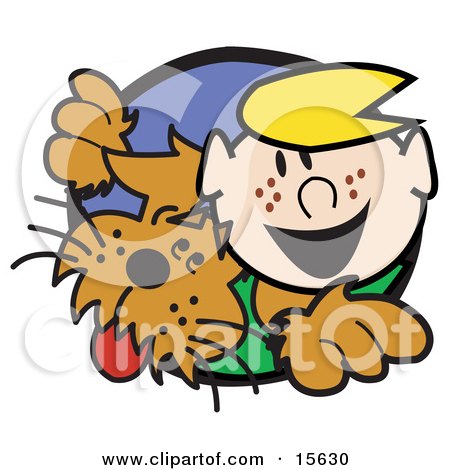 Happy Blond Haired Freckle Faced Boy Peering Through a Hole With His Brown Dog Clipart Illustration by Andy Nortnik