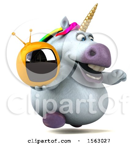 Clipart of a 3d Chubby Unicorn Holding a Tv, on a White Background - Royalty Free Illustration by Julos