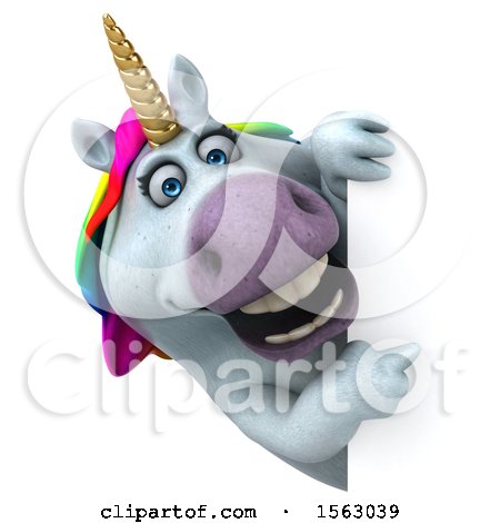 Clipart of a 3d Chubby Unicorn Pointing Around a Sign, on a White Background - Royalty Free Illustration by Julos