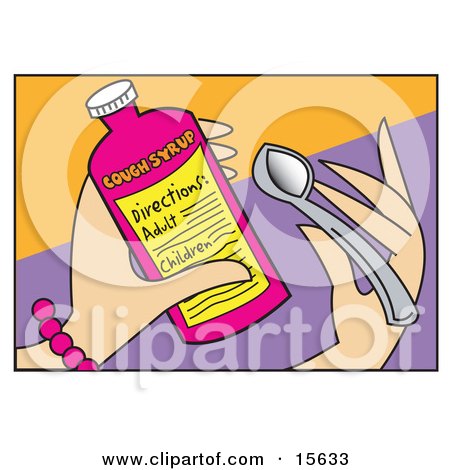 Woman's Hands Holding A Bottle Of Cough Syrup And A Spoon With The Directions Visible Clipart Illustration by Andy Nortnik