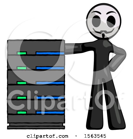 Black Little Anarchist Hacker Man with Server Rack Leaning Confidently Against It by Leo Blanchette
