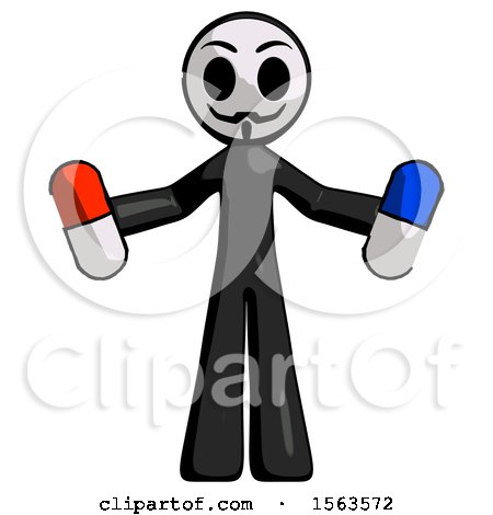 Black Little Anarchist Hacker Man Holding a Red Pill and Blue Pill by Leo Blanchette