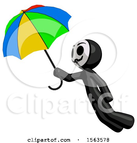 Black Little Anarchist Hacker Man Flying with Rainbow Colored Umbrella by Leo Blanchette