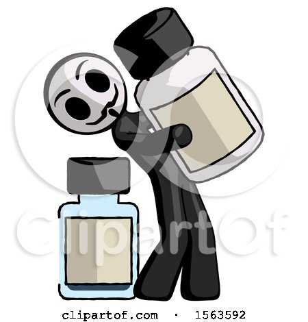 Black Little Anarchist Hacker Man Holding Large White Medicine Bottle with Bottle in Background by Leo Blanchette