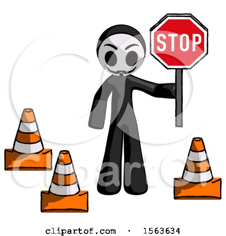 Black Little Anarchist Hacker Man Holding Stop Sign by Traffic Cones Under Construction Concept by Leo Blanchette