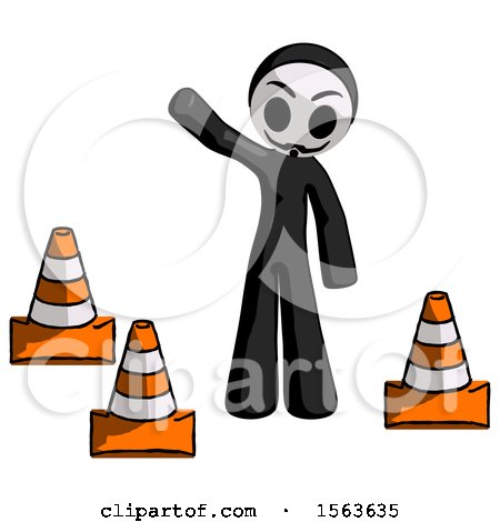 Black Little Anarchist Hacker Man Standing by Traffic Cones Waving by Leo Blanchette