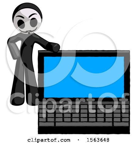 Black Little Anarchist Hacker Man Beside Large Laptop Computer, Leaning Against It by Leo Blanchette