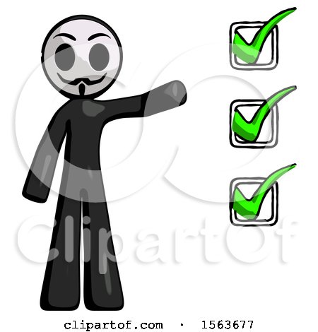 Black Little Anarchist Hacker Man Standing by List of Checkmarks by Leo Blanchette