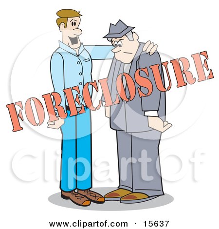 Man Comforting Another By Patting Him On The Back While Going Through A Foreclosure Clipart Illustration by Andy Nortnik