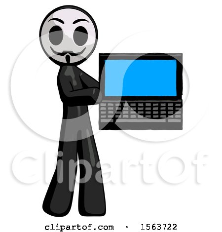 Black Little Anarchist Hacker Man Holding Laptop Computer Presenting Something on Screen by Leo Blanchette