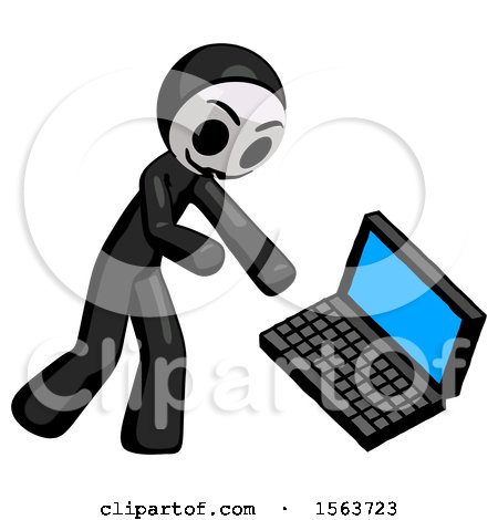 Black Little Anarchist Hacker Man Throwing Laptop Computer in Frustration by Leo Blanchette