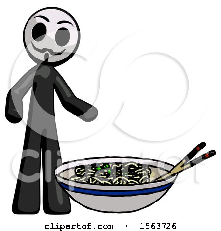 Black Little Anarchist Hacker Man and Noodle Bowl, Giant Soup Restaraunt Concept by Leo Blanchette