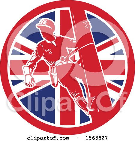 Clipart of a Retro Power Lineman on a Pole in a Union Jack Flag Circle - Royalty Free Vector Illustration by patrimonio