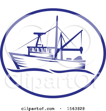 Clipart of a Retro Fishing Boat with Waves in an Oval - Royalty Free Vector Illustration by patrimonio
