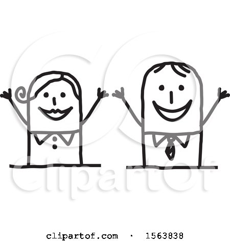 Clipart of a Cheering or Welcoming Stick Couple - Royalty Free Vector Illustration by NL shop